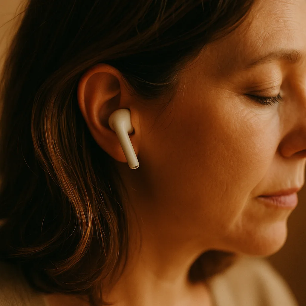 Woman listening, earbud in, ready to receive