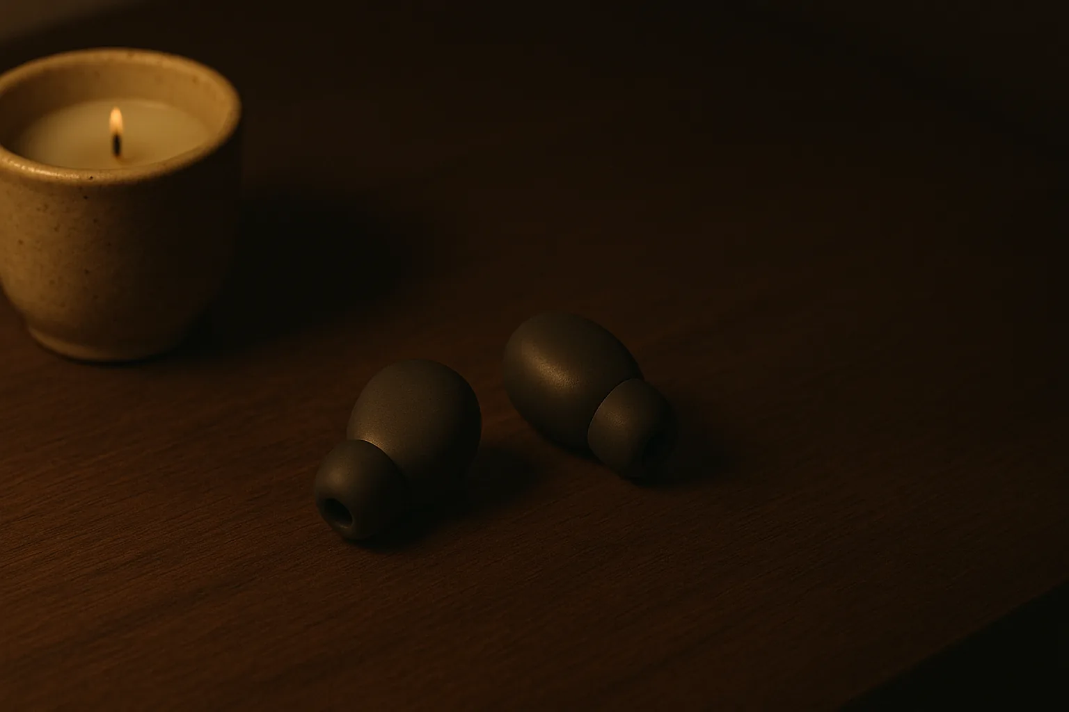 Generic wireless earbuds on a dark nightstand