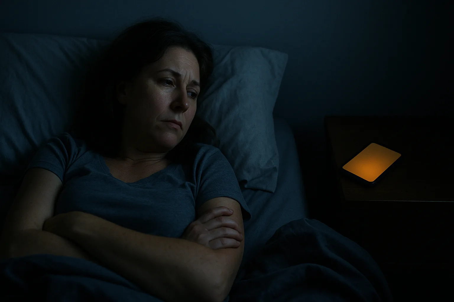 Lying awake at night, phone glowing beside her