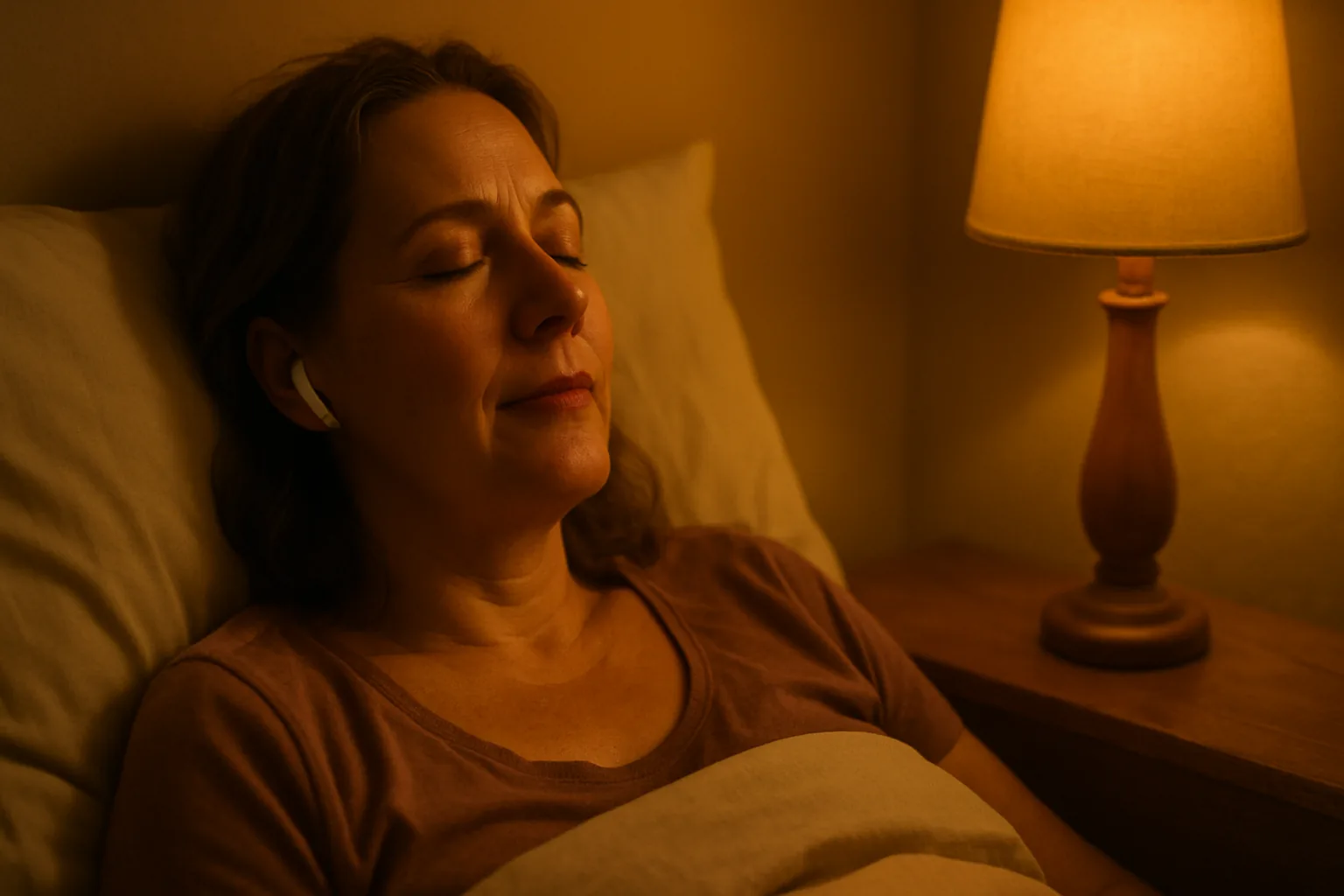 Woman listening in bed as the room settles around her