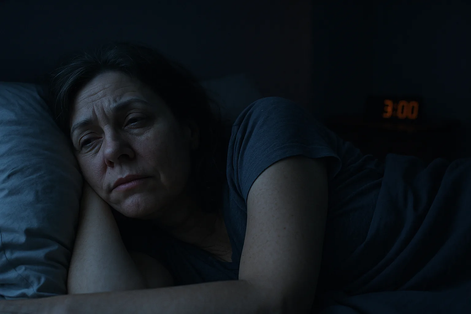 Woman awake in the dark, unable to sleep